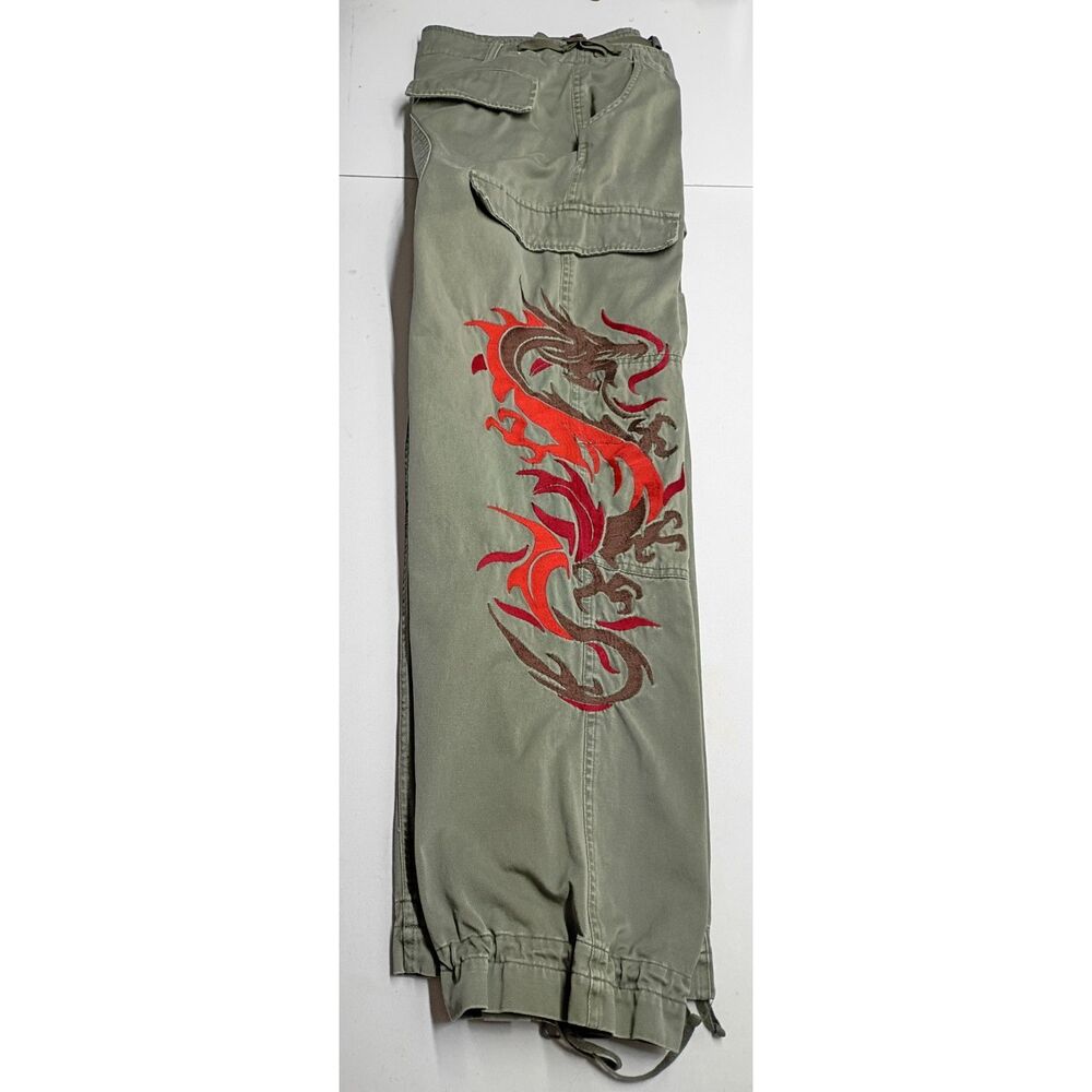 Y2K dear ab Cargo Pants Sz 16 Women's Staight Leg Baggy Dragon Embroidery